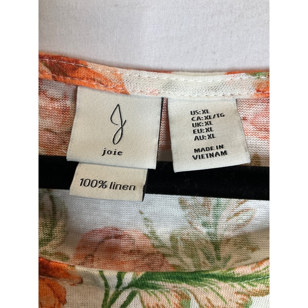 Joie 100% Linen Orange Floral Short Sleeve Tunic Lightweight Summer Casual XL - Picture 3 of 5